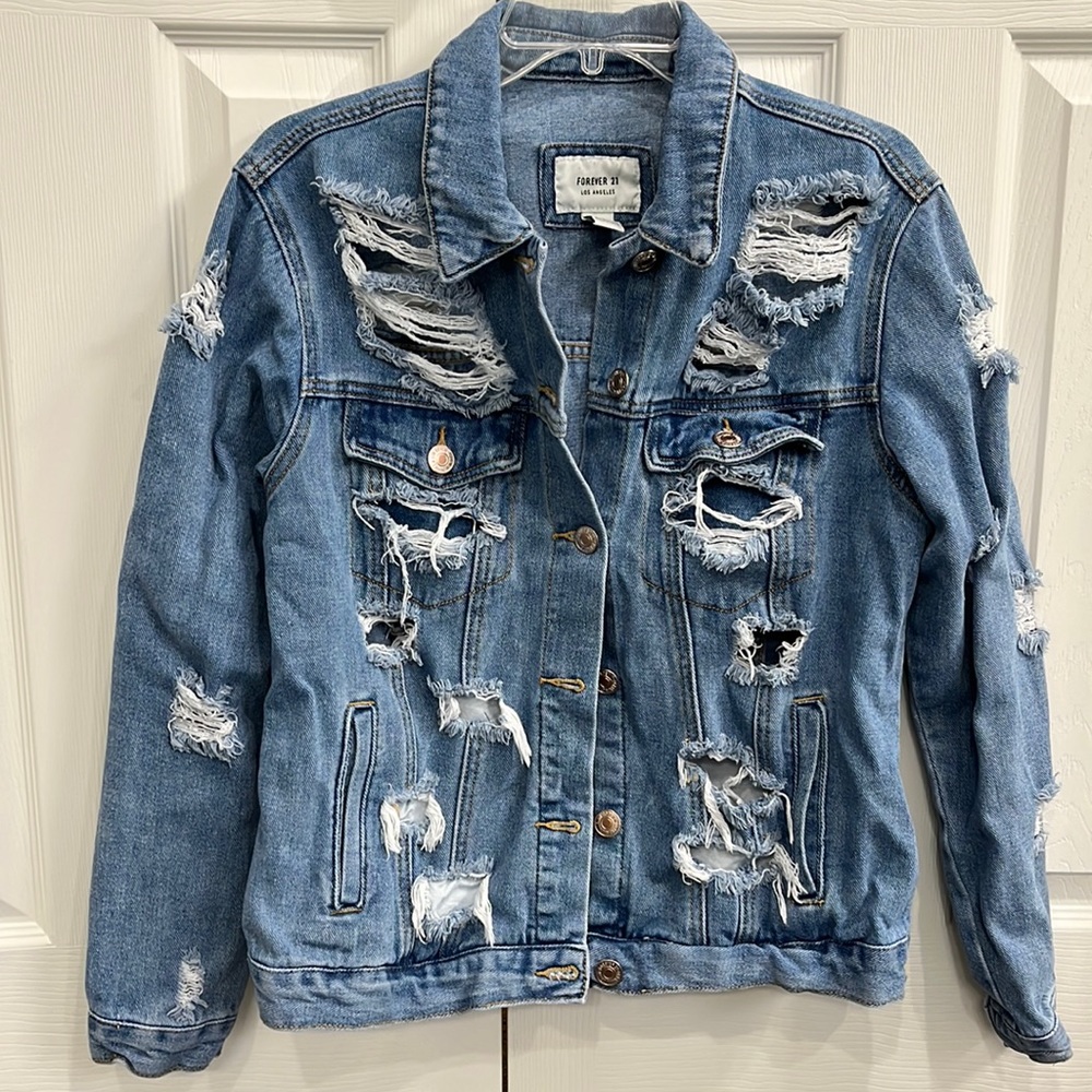 Forever 21 Los Angeles Distressed Denim Blue Jean Jacket